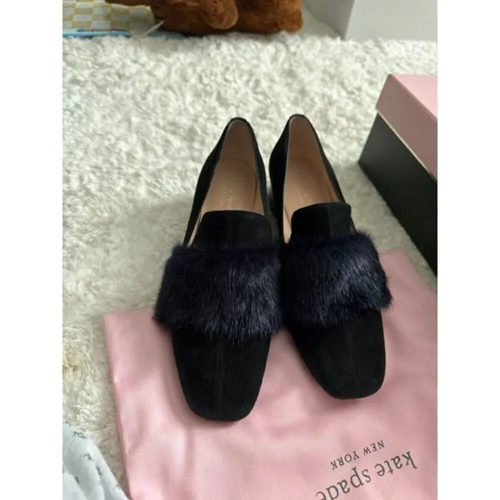 Kate Spade Faux Fur Block Mules Black Suede Gama size 7.5